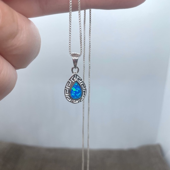 Sterling Silver Blue Opal Greek Pattern necklace - Picture 6 of 8